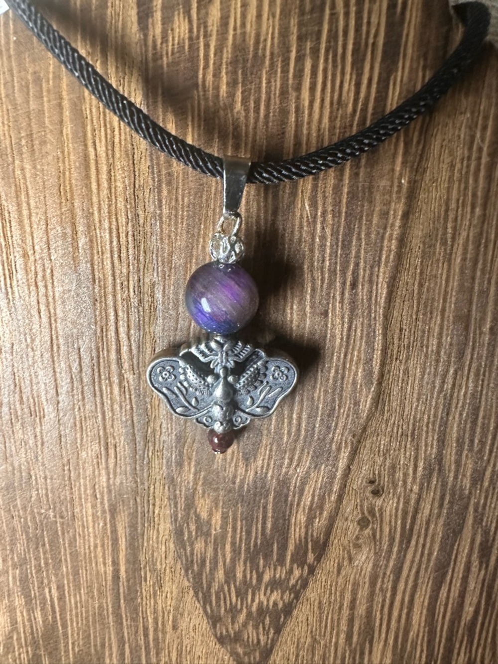 Silver Moth Charm Pendant Necklace with Garnet and Mystic Tiger’s Eye on Rope - Picture 6 of 12